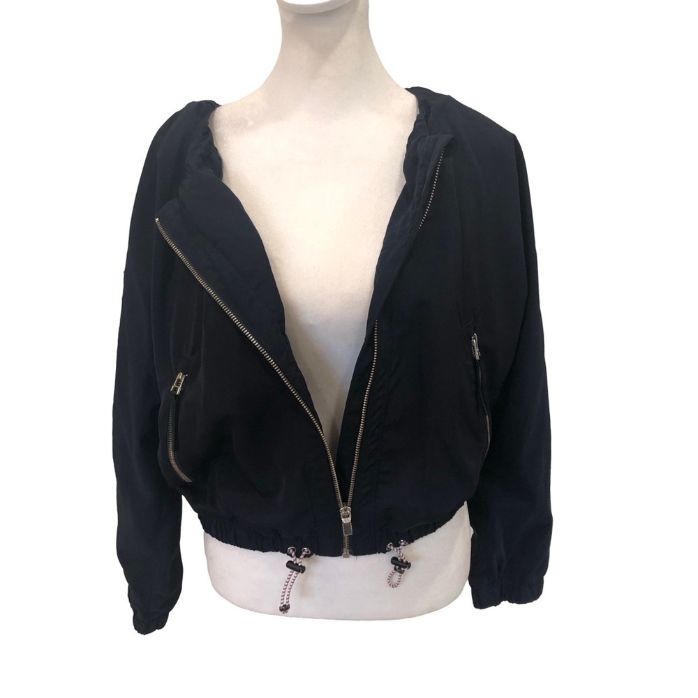 Athleta Chill Bomber Jacket Cropped Fully Lined Front Zip Drawstrings Navy Blue - Picture 5 of 15
